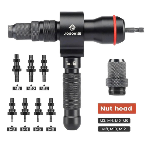 2-In-1 Rivet Gun And Rivet Nut Adapter Kit For Cordless Drills With Carry Case, Fits 18V-24V Tools, visible components.