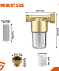 Product dimensions of reusable brass sediment water filter for washer and more, 40 micron inline filter, components and sizes.
