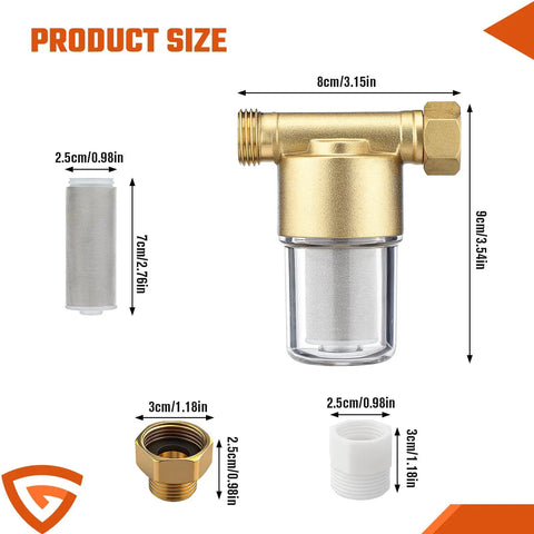 Product dimensions of reusable brass sediment water filter for washer and more, 40 micron inline filter, components and sizes.