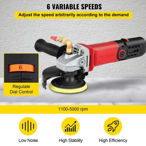 Corded Wet Buffer Polisher Kit With 7 Amp Motor, 4 And 5 Inch Pad Sizes, variable speed control dial and splash shield.