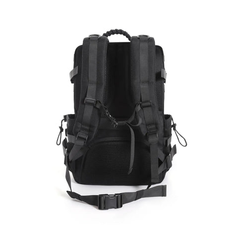 Back view of black 35L Tactical Backpack With Shoe Compartment For Men, 1000D Water Resistant MOLLE Rucksack For Outdoor Survival.
