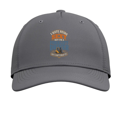 Forklift Humor Adjustable Baseball Hat For Warehouse Drivers And Logistics Pros Slate Gray Printed Cap Front View