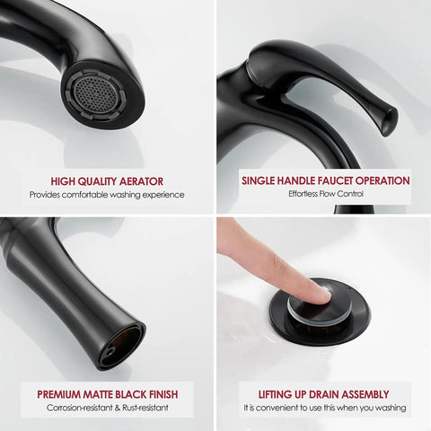 Single Handle Vanity Faucet For Bathroom Sink With Pop Up Drain 1 Or 3 Hole Installation Matte Black Finish Deck Plate Included Heavy Duty