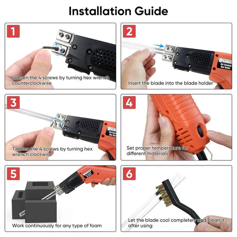 Installation guide steps for Romech Hot Knife Foam Cutter 200W Electric Air Cooled Kit with blade setup and cleaning.