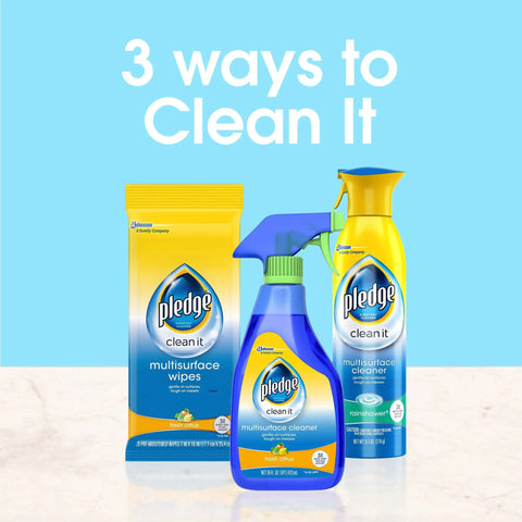 Three Pledge multisurface cleaning products, including wipes, spray, and bottle cleaner, with '3 ways to Clean It' text.