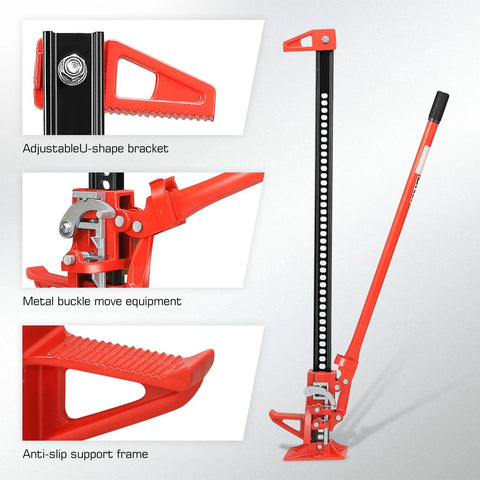 DNA Motoring 48-inch farm jack, red steel, 3-ton capacity, ratcheting off-road jack with adjustable U-shape bracket