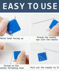 Steps showing how to use Ultimate 5Pc Blue Universal Square Needle Threader Kit for threading needles efficiently.