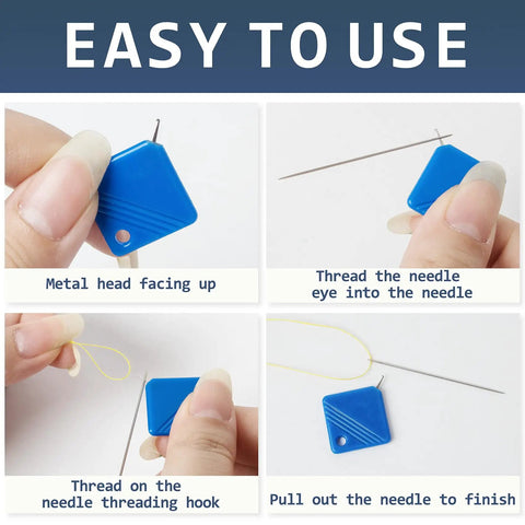 Steps showing how to use Ultimate 5Pc Blue Universal Square Needle Threader Kit for threading needles efficiently.