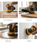 Five Inch Brushless Cordless Random Orbital Sander Cranks Out Twelve Thousand Opm used on wood, metal, and wall surfaces for smooth finishes.