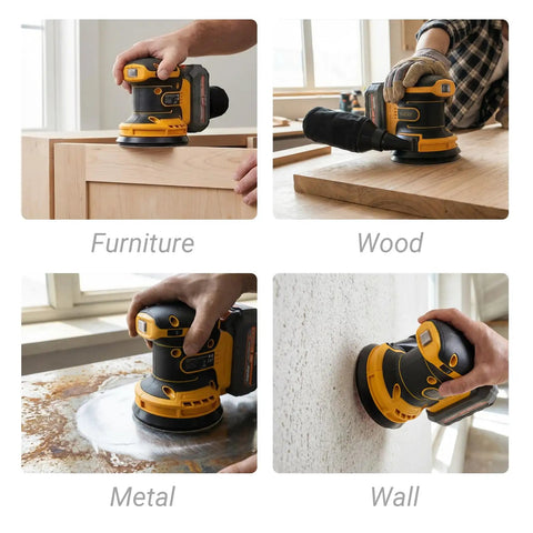 Five Inch Brushless Cordless Random Orbital Sander Cranks Out Twelve Thousand Opm used on wood, metal, and wall surfaces for smooth finishes.