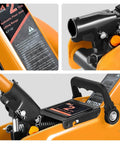 Close-up view of orange low-profile hydraulic trolley floor jack with 2 ton capacity, showing parts and label details.