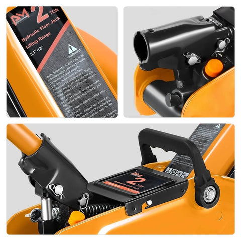 Close-up view of orange low-profile hydraulic trolley floor jack with 2 ton capacity, showing parts and label details.