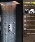Top Shelf Thermostatic Rainfall Shower Head System Ceiling Mounted Bathroom Combo Set Stainless Steel And Brass Build with LED lighting.