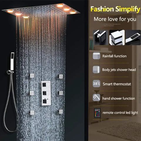 Top Shelf Thermostatic Rainfall Shower Head System Ceiling Mounted Bathroom Combo Set Stainless Steel And Brass Build with LED lighting.
