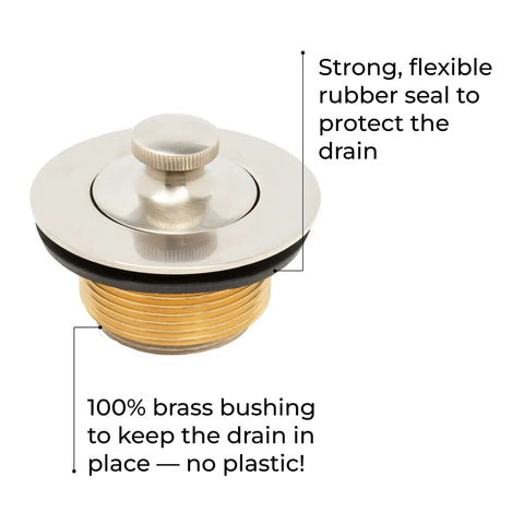 Close-up of Lift And Turn Bathtub Drain Assembly Conversion Kit With Single Hole Overflow Face Plate In Oil Rubbed Bronze All Brass Construction Durable Tub Stopper Easy Tap Open Close For Smooth Bathing, showing brass bushing and rubber seal.