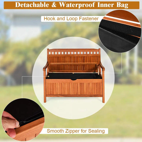 Outdoor Dope Wood Storage Bench Deck Box With Inner Removable Dust Proof Lining And Portable Handles In Eucalyptus Wood