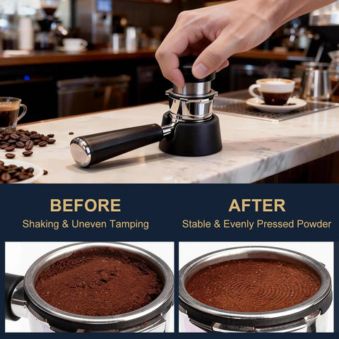 Portafilter Holder With Tamper Base For Luxe Cafe Pro ES601 ES701 Espresso Machines, stable tamping, before and after results