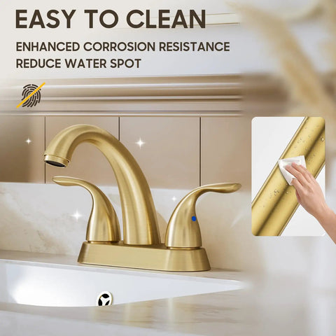 Brushed Gold 4 Inch Centerset Bathroom Faucet With Two Handles, Fits 2 Or 3 Hole Mount, Includes Copper Pop Up Drain And Water Supply Lines, Sturdy Brass Construction, BF008-5-BG shown being cleaned with a cloth on a white surface.