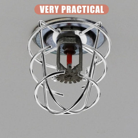 Heavy Duty Fire Sprinkler Head Covers 2 Pack Tool Free Impact Blocker For Vandalism, silver iron guard on smooth ceiling.