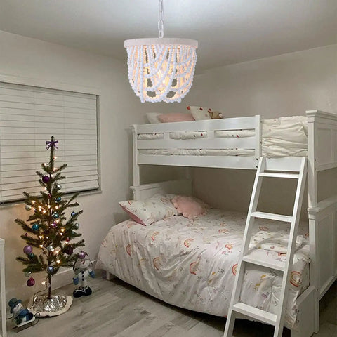 Wood Beaded Farmhouse Chandelier With White Finish And Adjustable Cord Natural Wood Beads Boho Pendant Lighting in bedroom