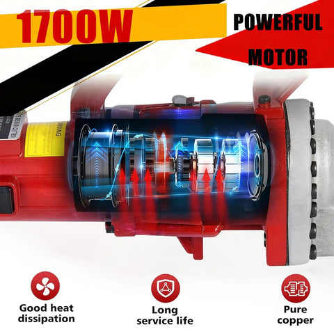 Electric Hydraulic Rebar Cutter 1700W with 1250W/1700W copper coil motor, close-up of motor design features and specs