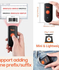 Rugged 2D Barcode Scanner Pocket Beast With 3 In 1 Bluetooth USB Wired And 2.4G Wireless IP66 Waterproof And Shockproof Portable Image Scanner For iOS Windows Android Fast Data Capture Anywhere You Go in hand and pocket with dimensions shown.