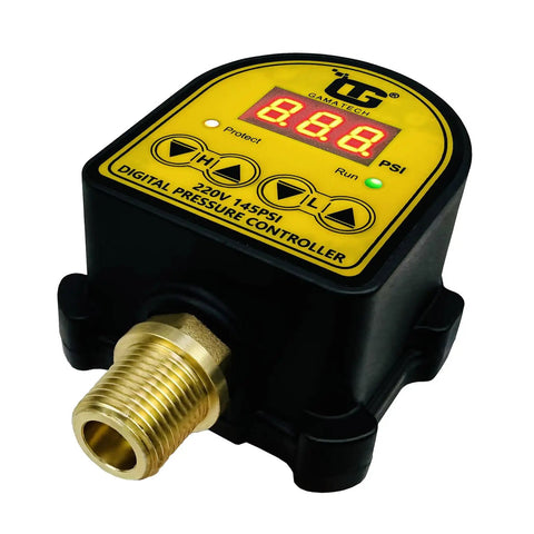 Front view of Digital Adjustable Pressure Switch Controller For Water And Air Pumps 220V 145 PSI One Half Inch Male NPT Thread