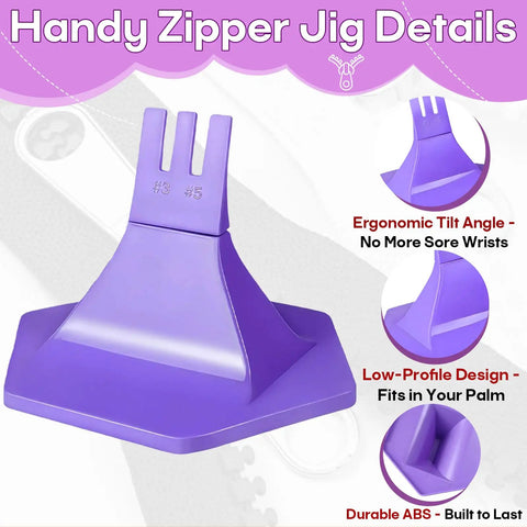 Handy Dead Simple Three Prong Zipper Jig Tool With Self Adhesive Backing in purple ABS, designed for seamless zipper replacements.