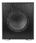 Front view of Shaker 8 Inch Powered Subwoofer With 400W Peak 200W RMS Class D Amplifier, black MDF cabinet, 8-inch driver.