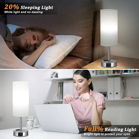 Set Of 2 Touch Lamps For Bedrooms With 3 Way Dimming, USB C Ports And Outlets, beside bed and desk setups with users.