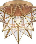 Moravian Star Gold Flush Mount Ceiling Light For Hallway And Living Room, brass fixture with transparent glass, warm glow