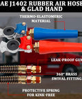 Close-up of 12ft 3 In 1 ABS Power Air Line Hose With Glad Hands And 4 Glad Hand Seals for semi truck, showing red and blue glad hands.