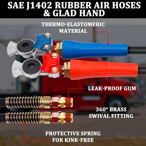 Close-up of 12ft 3 In 1 ABS Power Air Line Hose With Glad Hands And 4 Glad Hand Seals for semi truck, showing red and blue glad hands.