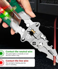Pro Grade 18 In 1 Folding Wire Stripper Pliers Set with Voltage Detector in use, detecting live wire 2026 Upgrade