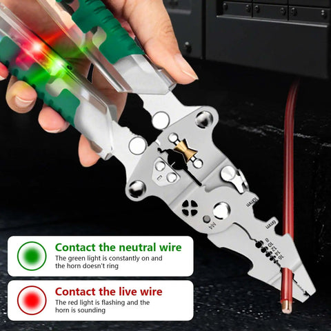 Pro Grade 18 In 1 Folding Wire Stripper Pliers Set with Voltage Detector in use, detecting live wire 2026 Upgrade