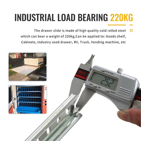 Top Shelf Full Extension Side Mount Drawer Slides With Lock Rock Solid Cold Rolled Steel Furniture Tracks measure 220kg load capacity.