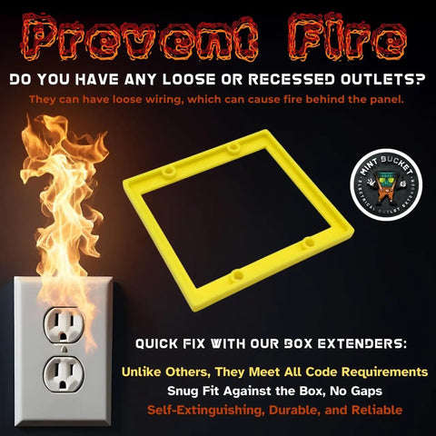 Flame near an outlet with yellow One Quarter Inch Double Gang Outlet Box Extenders With Patented Flange For A Snug Flush Fit, UL Listed