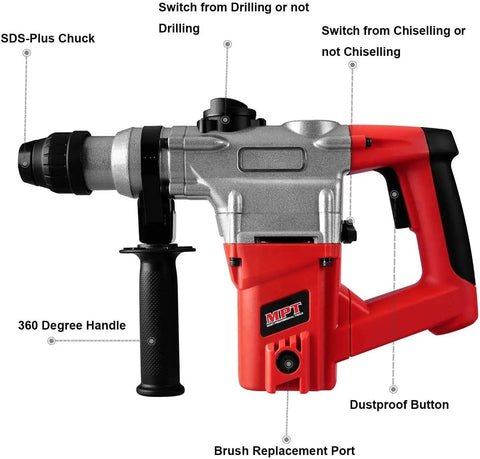 Heavy Duty 1 Inch SDS Plus Rotary Hammer Drill With 8.5 Amp Power Three Modes Drill Hammer Chisel side view with labels