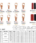 Diagram of 80 Pcs Copper Wire Lugs And 40 Pcs Heat Shrink Set For Battery Terminals AWG 8 6 12 10 with measurements.