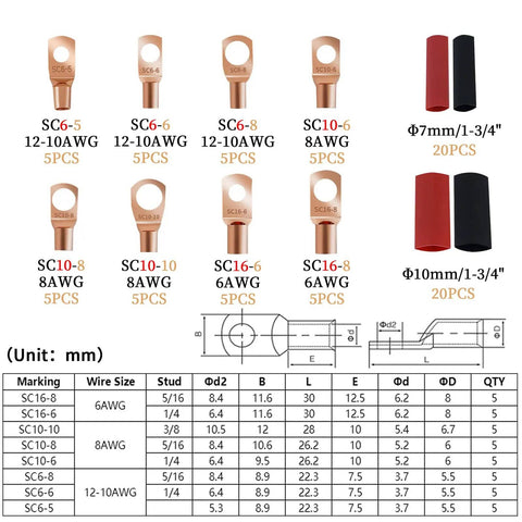 Diagram of 80 Pcs Copper Wire Lugs And 40 Pcs Heat Shrink Set For Battery Terminals AWG 8 6 12 10 with measurements.