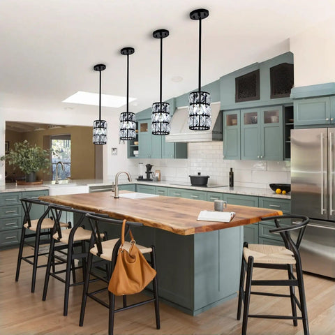 Farmhouse Crystal Pendant Light Black Finish 1 Light For Kitchen Island And Dining Room above island in modern kitchen