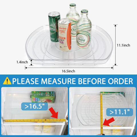 Refrigerator Square Lazy Susan Turntable Organizer for Fridge Cabinets Pantry and Countertop 16.5 by 11.1 inches clear, with bottles; measurement guide shown