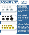 Heavy Duty 48 Piece Thread Chaser Set Kit With Metric And SAE Rethreading Includes 22 Taps 24 Dies And 2 Thread Files For UNC UNF Metric Threads Pro Grade Thread Repair For Auto Shop And DIY Projects image of package list with silver, black, and yellow dies showing size options for UNC, UNF, and Metric threads.