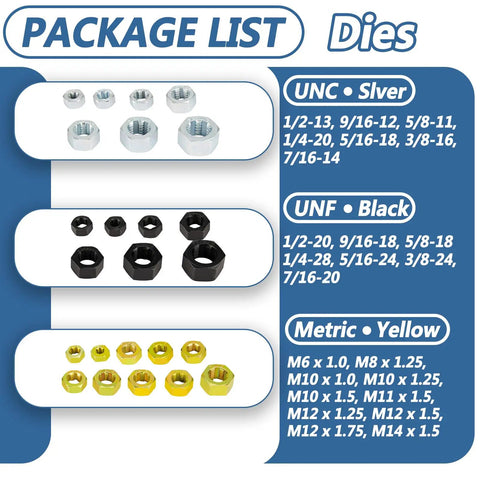 Heavy Duty 48 Piece Thread Chaser Set Kit With Metric And SAE Rethreading Includes 22 Taps 24 Dies And 2 Thread Files For UNC UNF Metric Threads Pro Grade Thread Repair For Auto Shop And DIY Projects image of package list with silver, black, and yellow dies showing size options for UNC, UNF, and Metric threads.