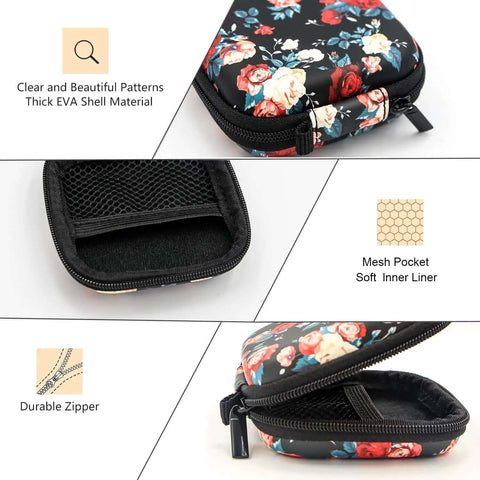 Premium Rugged Hard Eva Earbud Case With Sturdy Carabiner Loop For Wireless Headsets And AirPods Compatible Shockproof Travel Pouch, showing floral design and mesh pocket.
