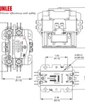 Technical diagram of Beefed Up One Pole 40 Amp Contactor With 24V Coil for AC condenser and heat pump, dimensions labeled.