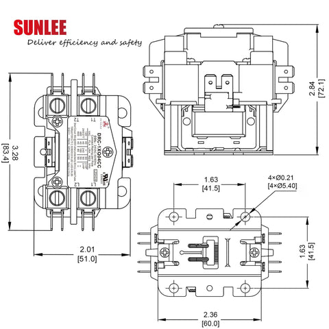 Technical diagram of Beefed Up One Pole 40 Amp Contactor With 24V Coil for AC condenser and heat pump, dimensions labeled.