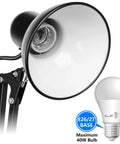 Metal Desk Lamp With Adjustable Arm And Clamp, 18 Inch Extension, Black Finish, UL Listed, shown with bulb compatibility