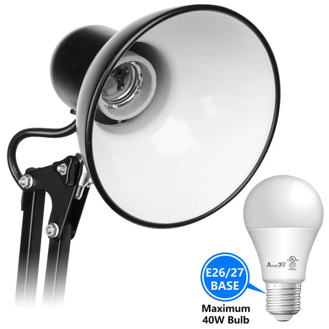Metal Desk Lamp With Adjustable Arm And Clamp, 18 Inch Extension, Black Finish, UL Listed, shown with bulb compatibility