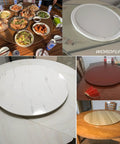 Kick Up Your Hosting Game With This 39 Inch Round Wooden Lazy Susan Rotating Serving Tray featuring various styles on dining tables.